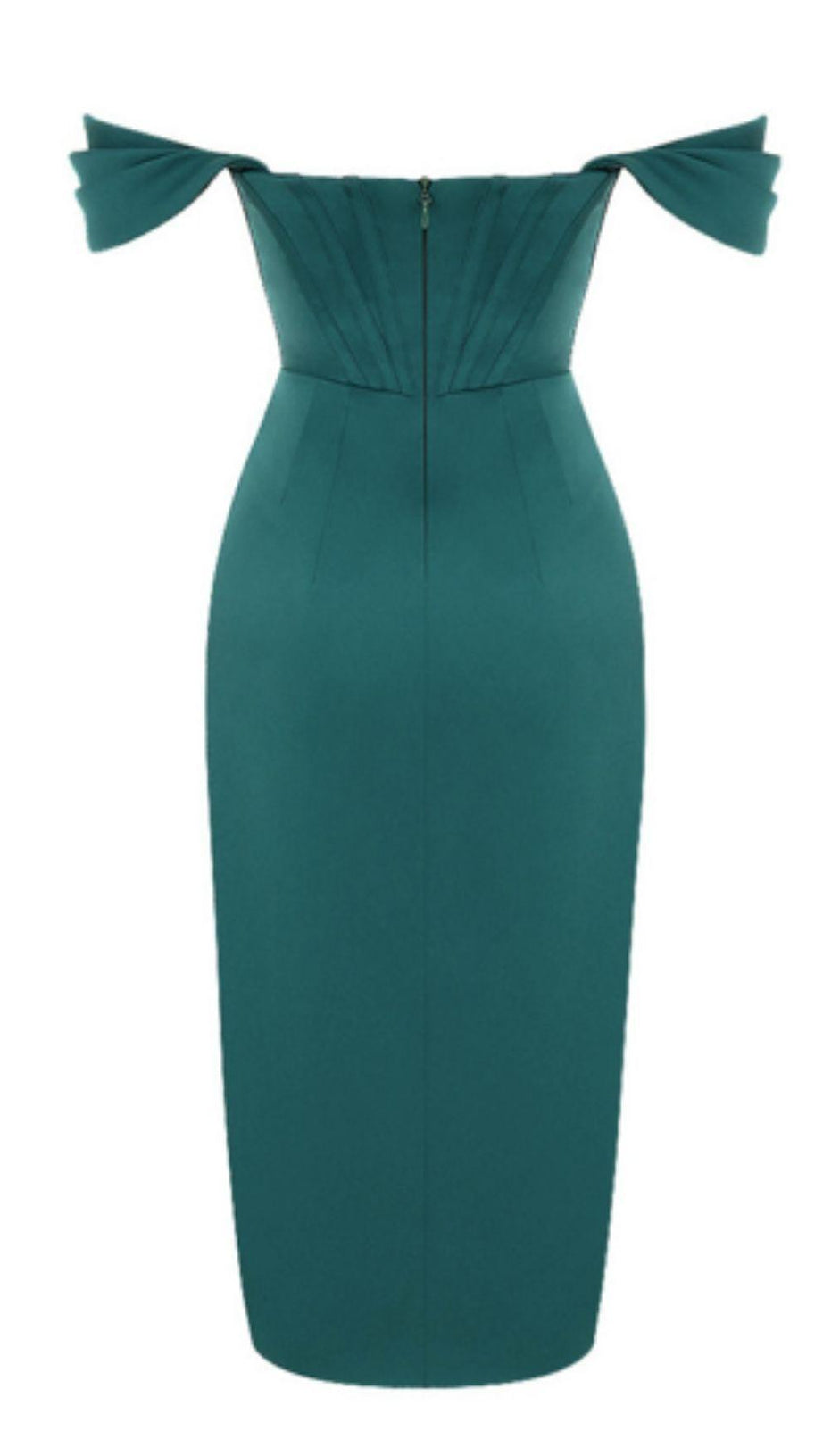 EMERALD STAIN STRAPLESS RUCHED MIDI DRESS