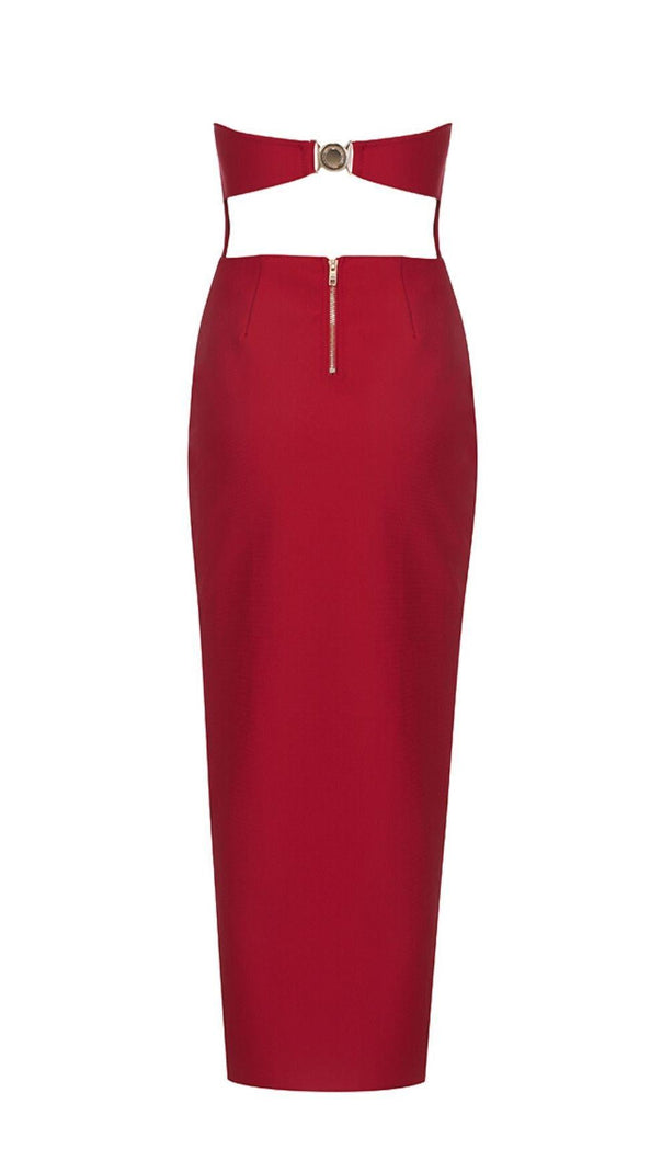 AIIZIE CUT OUT SPLIT STRAPLESS BANDAGE MIDI DRESS IN RED - product image