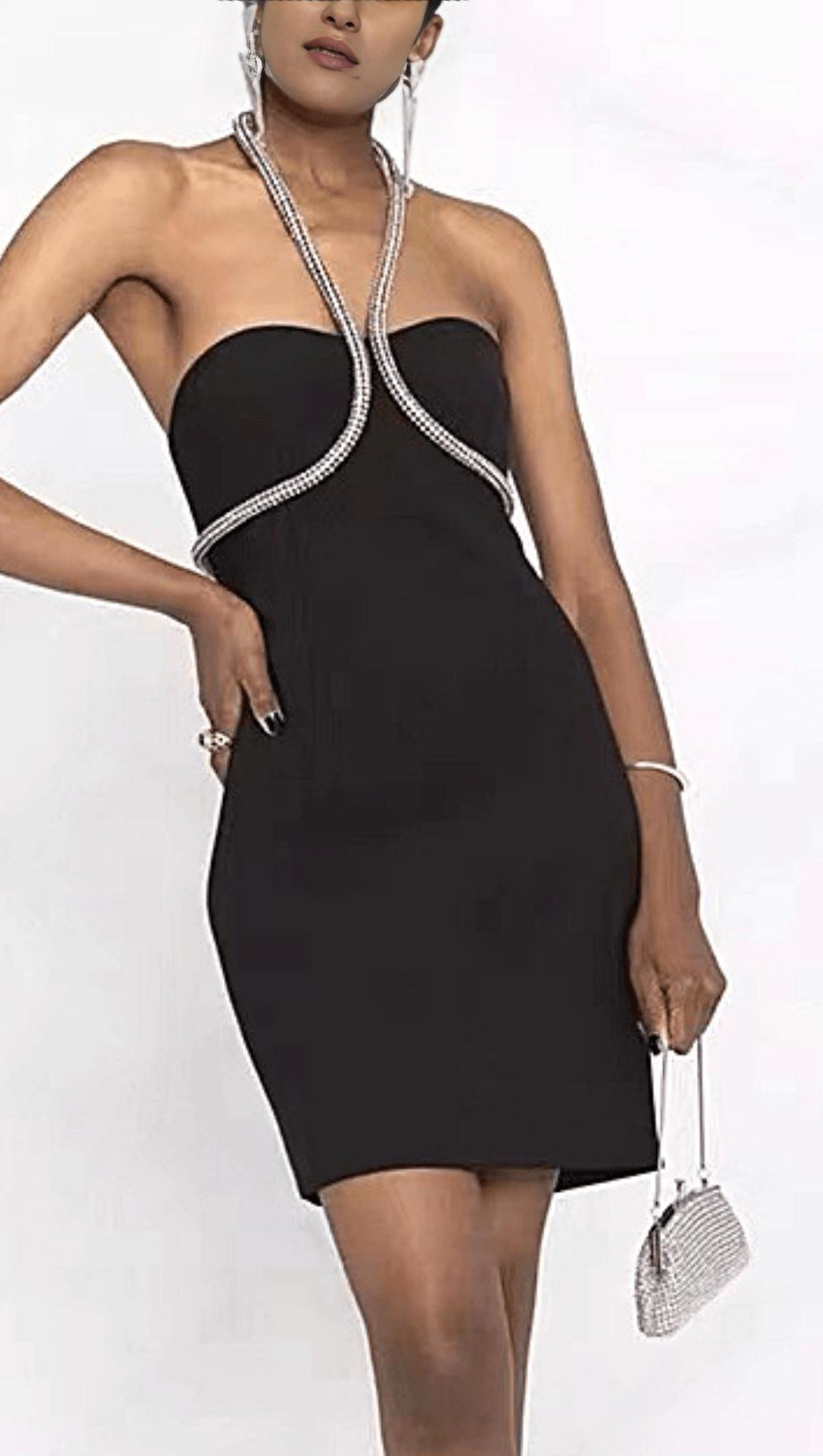 CRYSTAL NECKLACE MINI DRESS IN BLACK