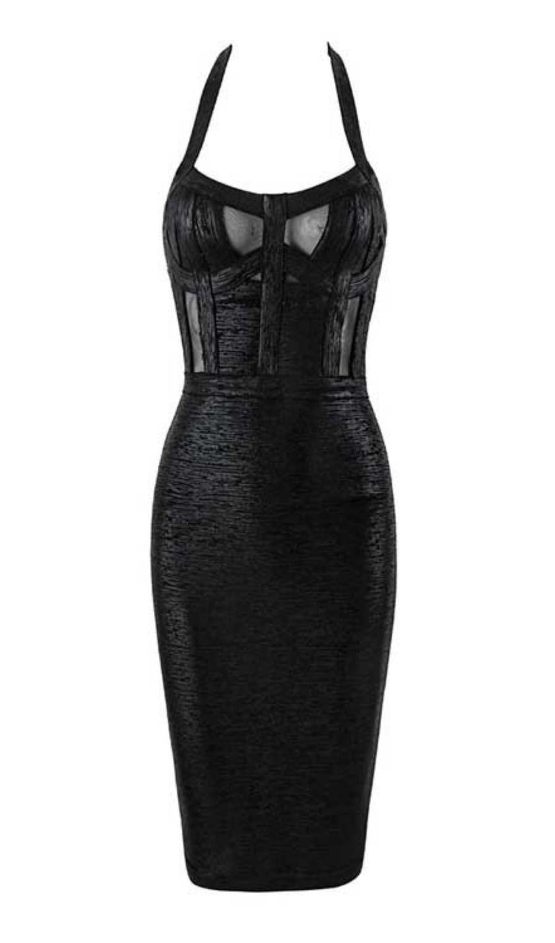 NECK BLACK METALLIC BANDAGE DRESS - BLACK