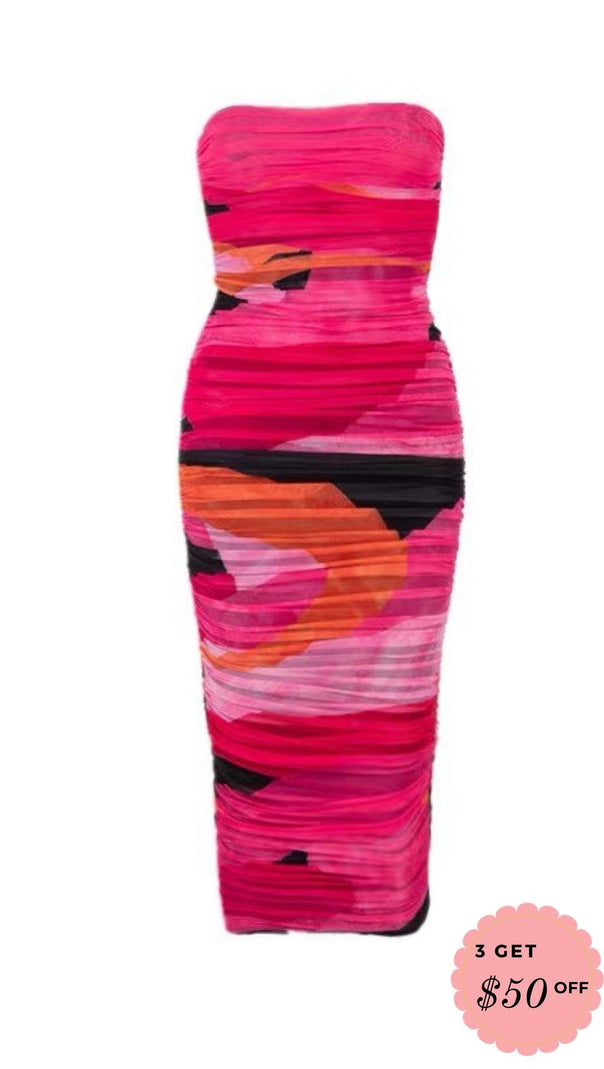 AIIZIE MULTICOLOURED STRAPLESS RUCHED MIDI DRESS - product image