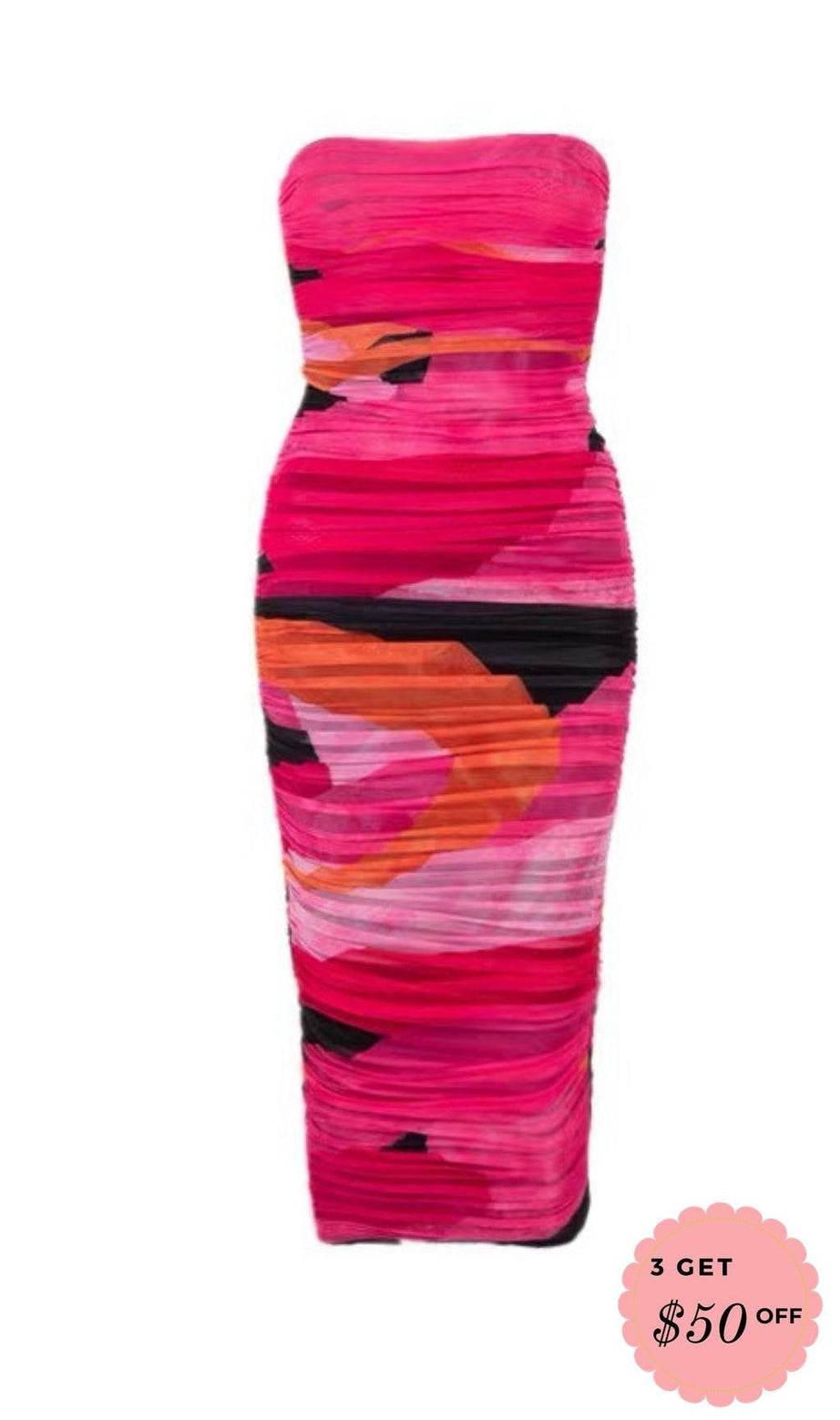 ABITO MIDI MULTICOLORE SENZA SPALLINE CON RUCHES 