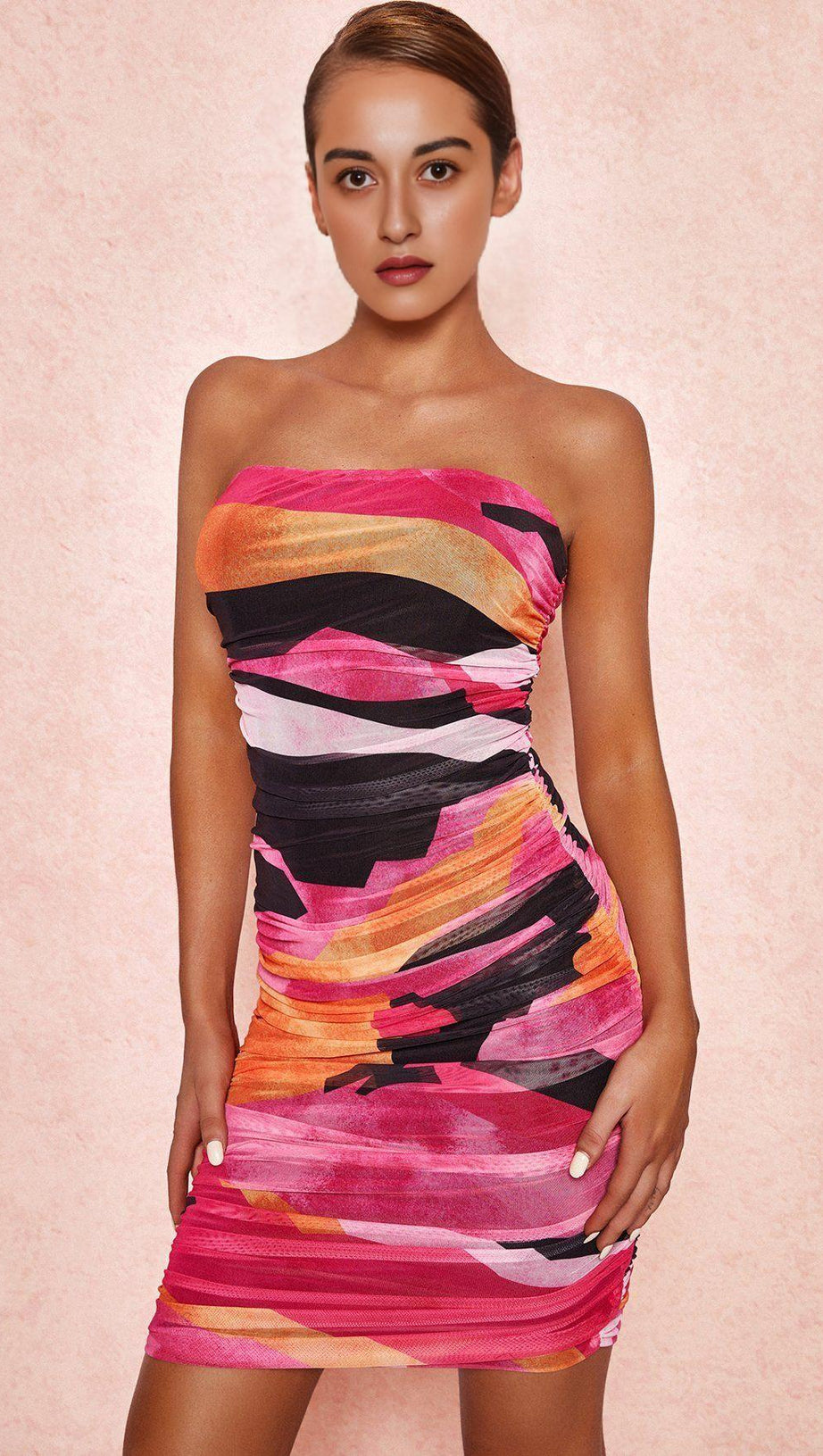 MULTICOLOURED STRAPLESS RUCHED MIDI DRESS