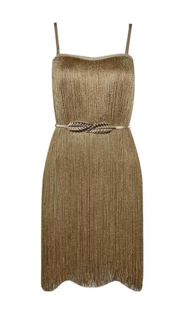 METALLISCHES BRONZE-DRAPIERTES MINIKLEID IN GOLD (inkl. Gürtel)