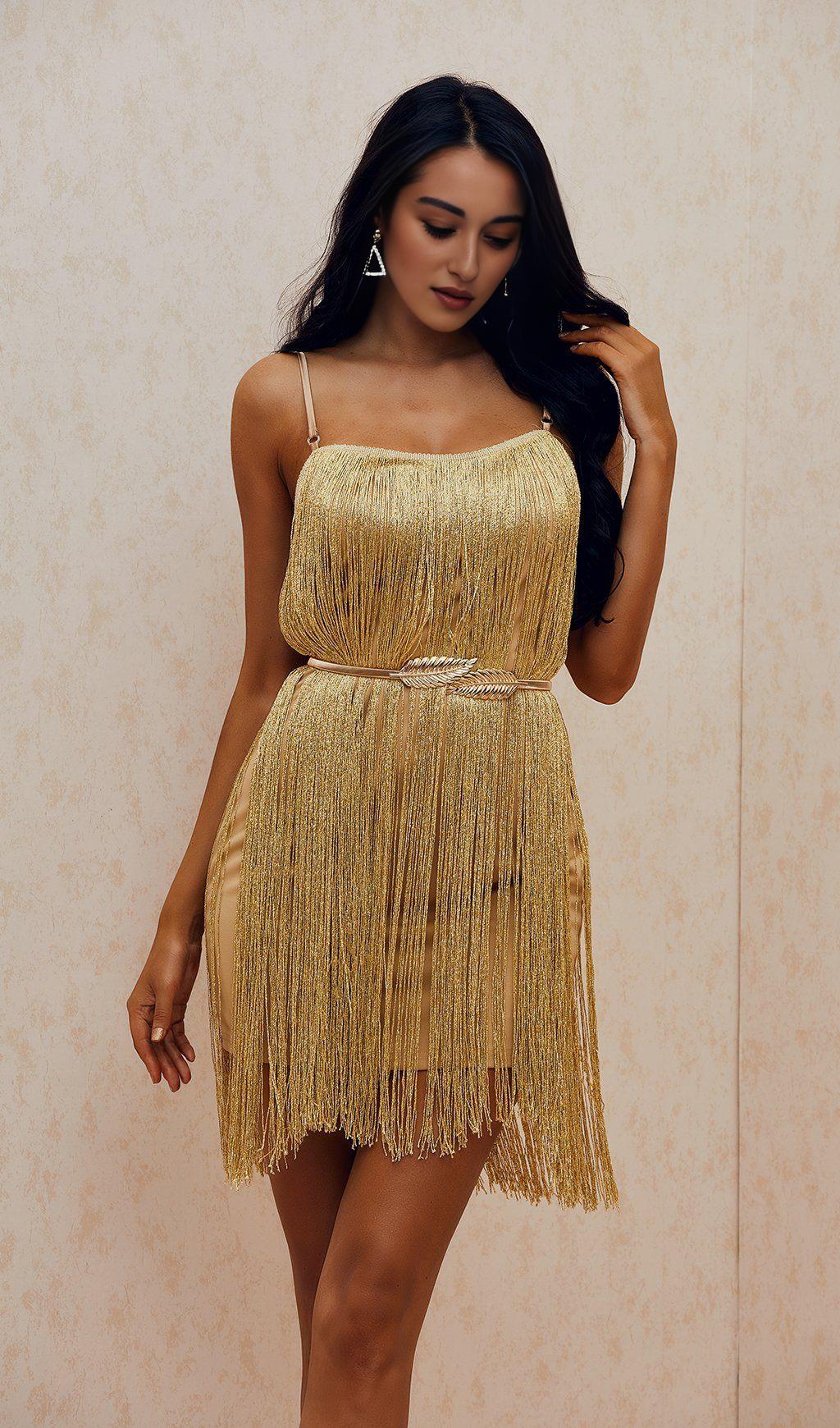 METALLIC BRONZE DRAPE MINI GOLD DRESS（INCLUDING BELT）