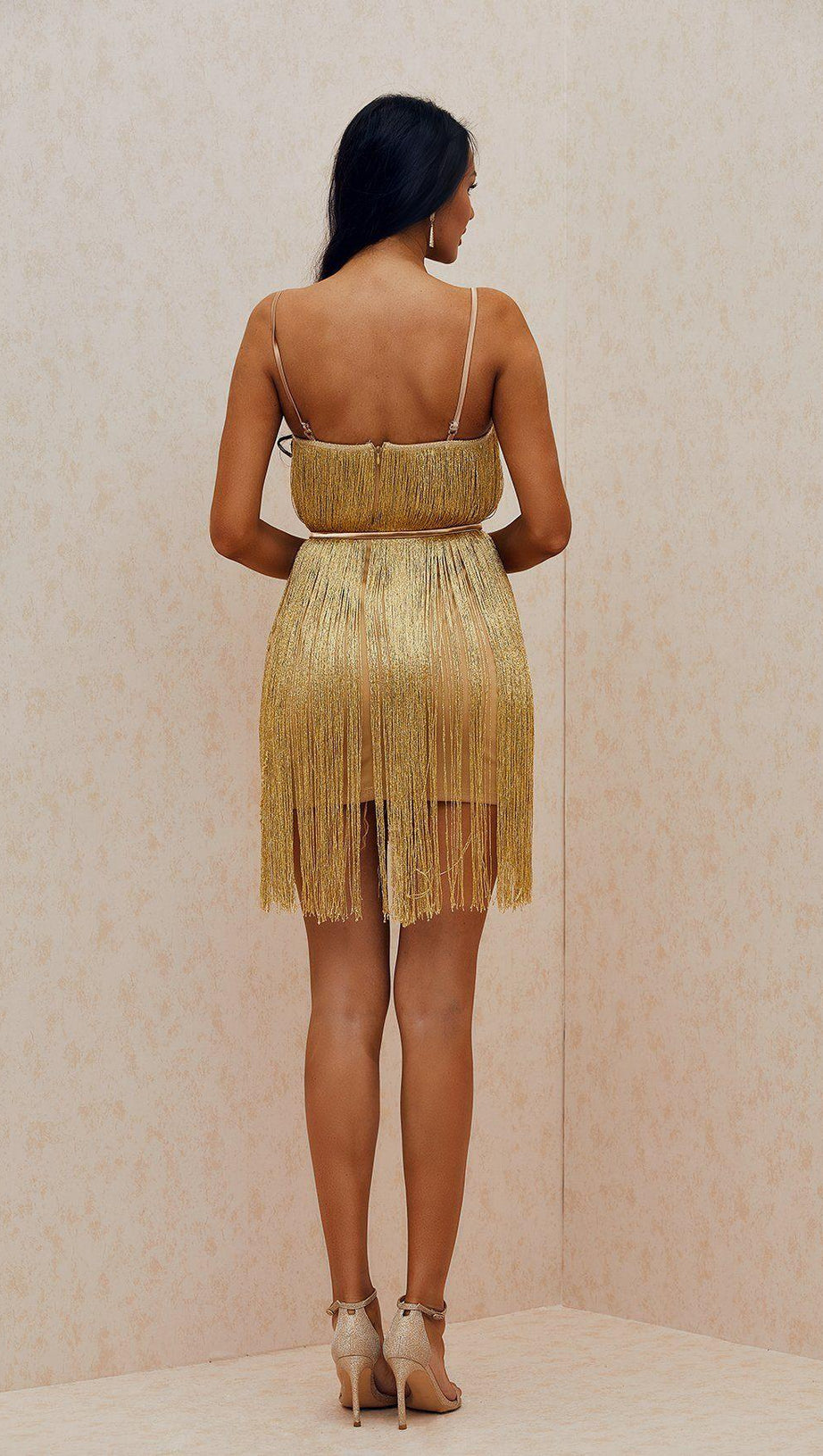 METALLIC BRONZE DRAPE MINI GOLD DRESS（INCLUDING BELT）