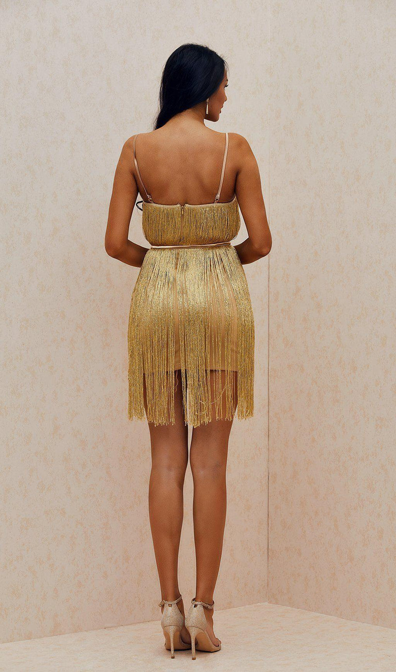 METALLIC BRONZE DRAPE MINI GOLD DRESS（including belt）