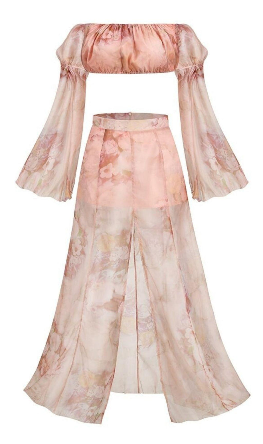 COMPLETO GONNA LUNGA IN SETA ROSA