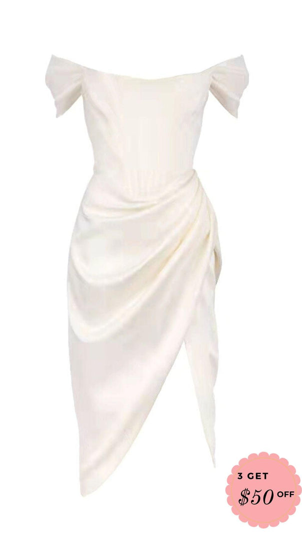 AIIZIE SATIN OFF SHOULDER DRESS IN IVORY - product image