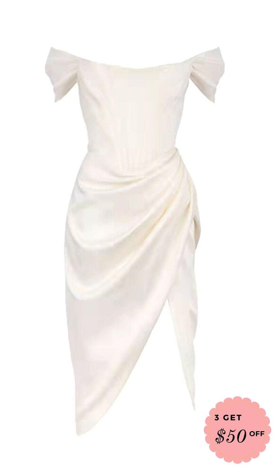 SATIN OFF SHOULDER DRESS IN IVORY
