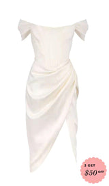 SATIN OFF SHOULDER DRESS IN IVORY