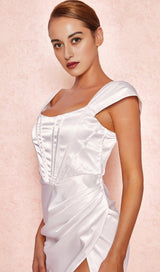 SATIN OFF SHOULDER DRESS IN IVORY