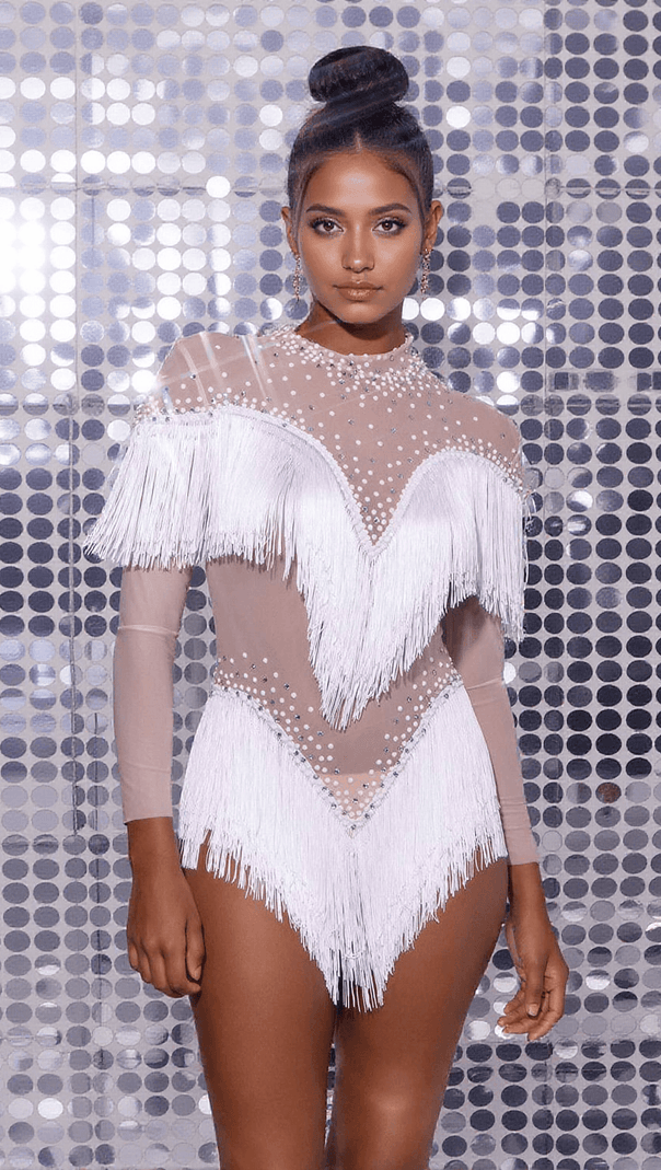 AIIZIE HARLAN CRYSTAL FRINGE MINI DRESS IN LIGHT NUDE & WHITE - product image