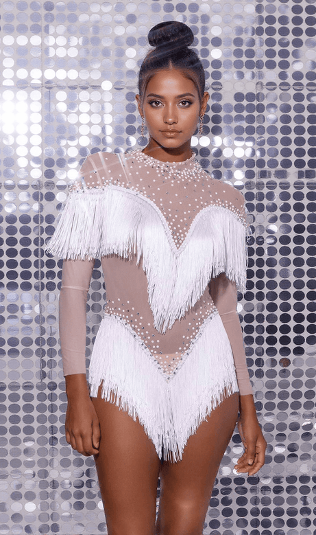 Harlan Crystal Fringe Mini Dress In Light Nude & White