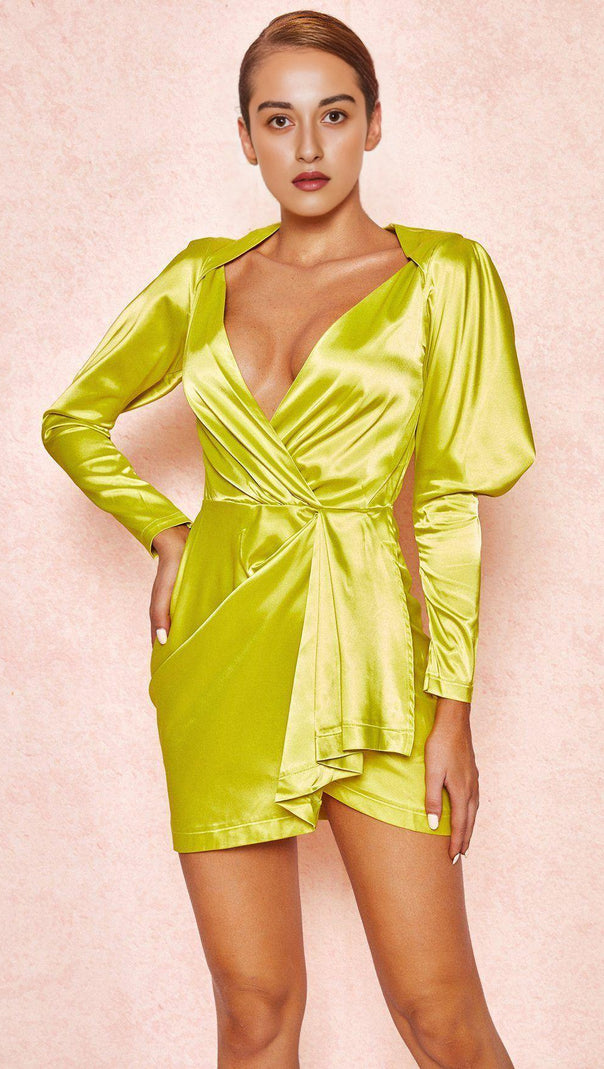 AIIZIE LIME SATIN DRAPED SLEEVE DRESS - product image