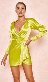 LIME SATIN DRAPED SLEEVE DRESS