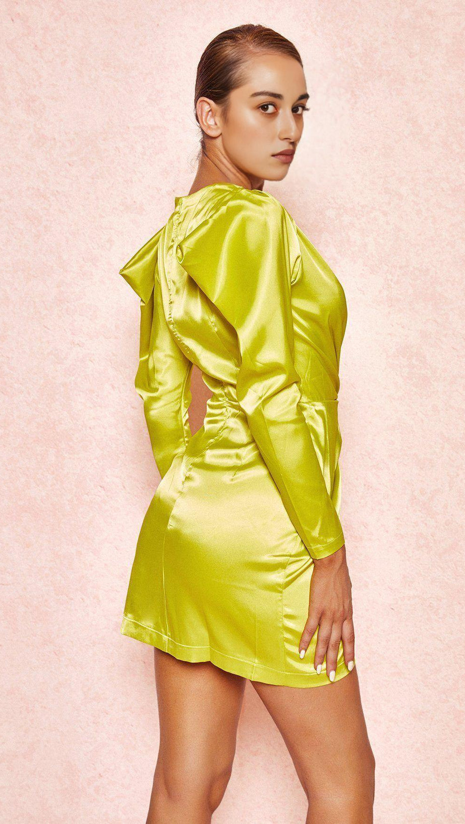LIME SATIN DRAPED SLEEVE DRESS