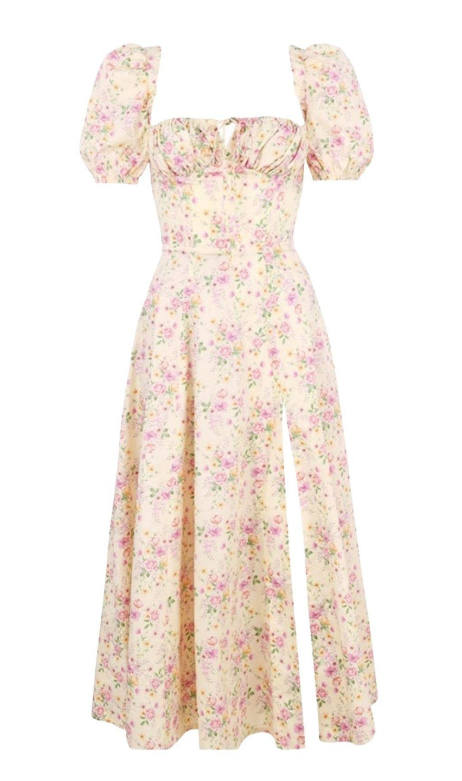 LEMON FLORAL PUFF SLEEVE MIDI SUNDRESS