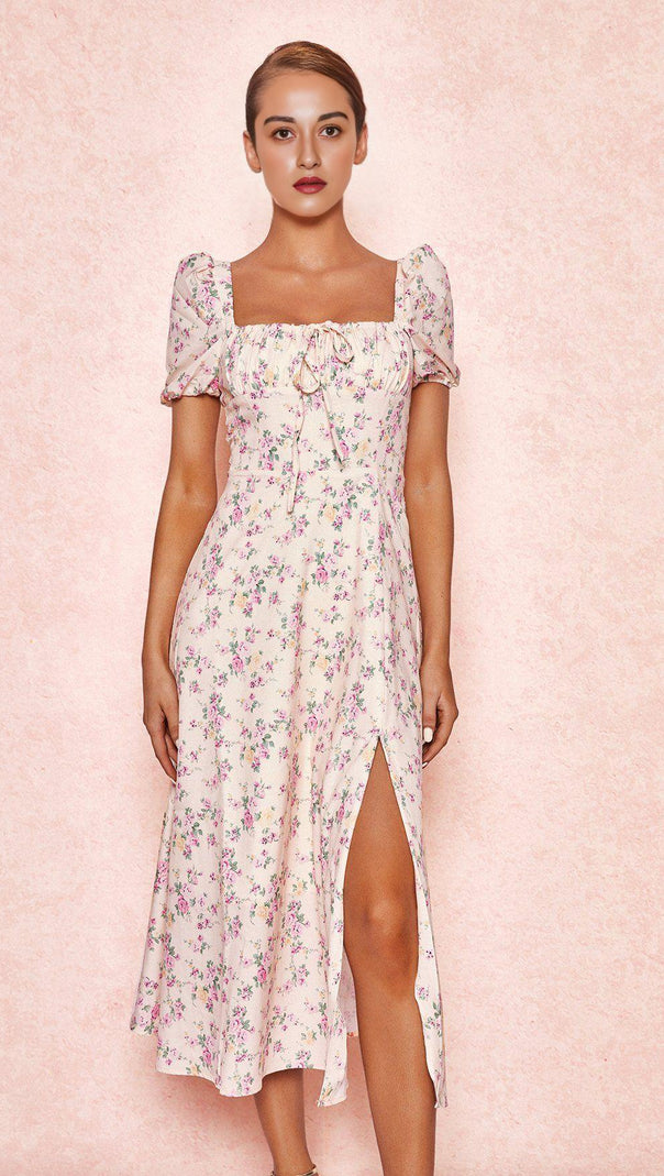 AIIZIE LEMON FLORAL PUFF SLEEVE MIDI SUNDRESS - product image
