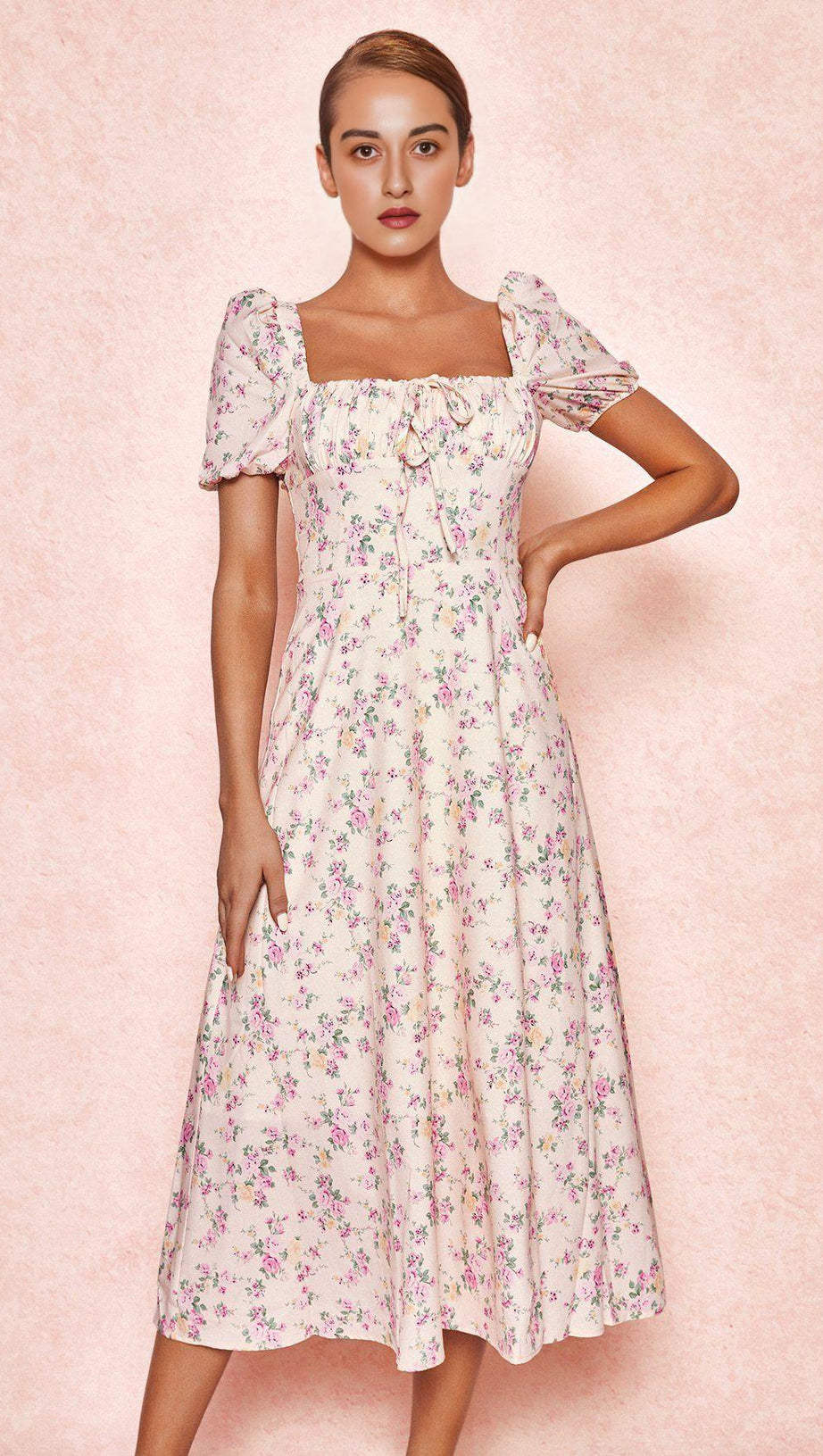 LEMON FLORAL PUFF SLEEVE MIDI SUNDRESS