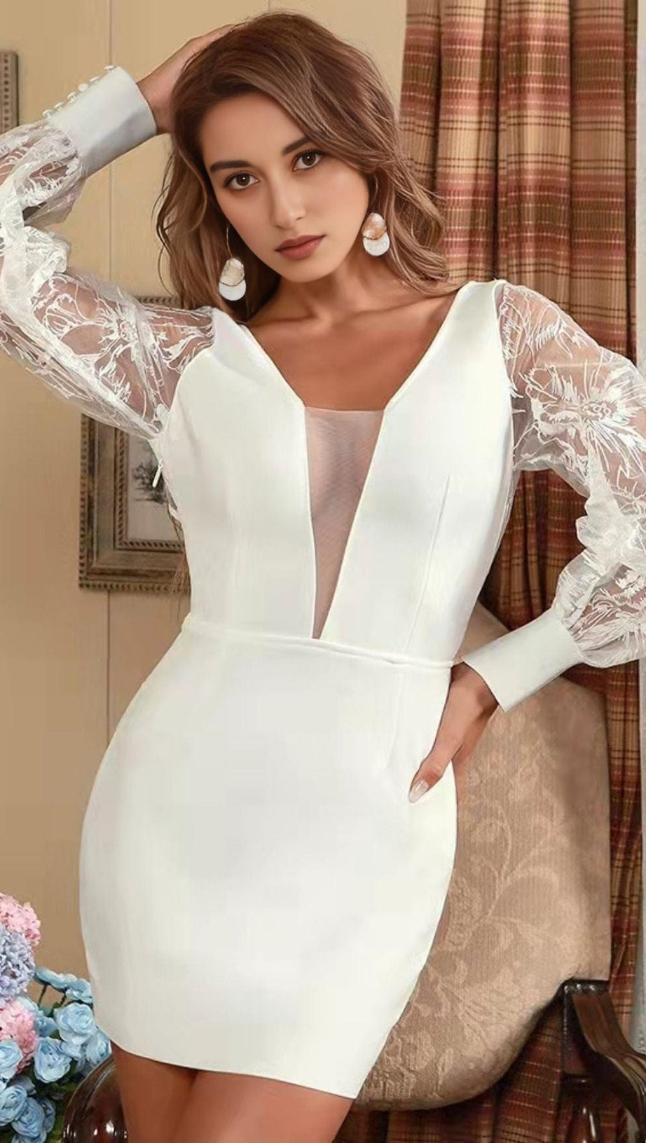 WHITE LEAKY BACK LACE STITCHING DRESS