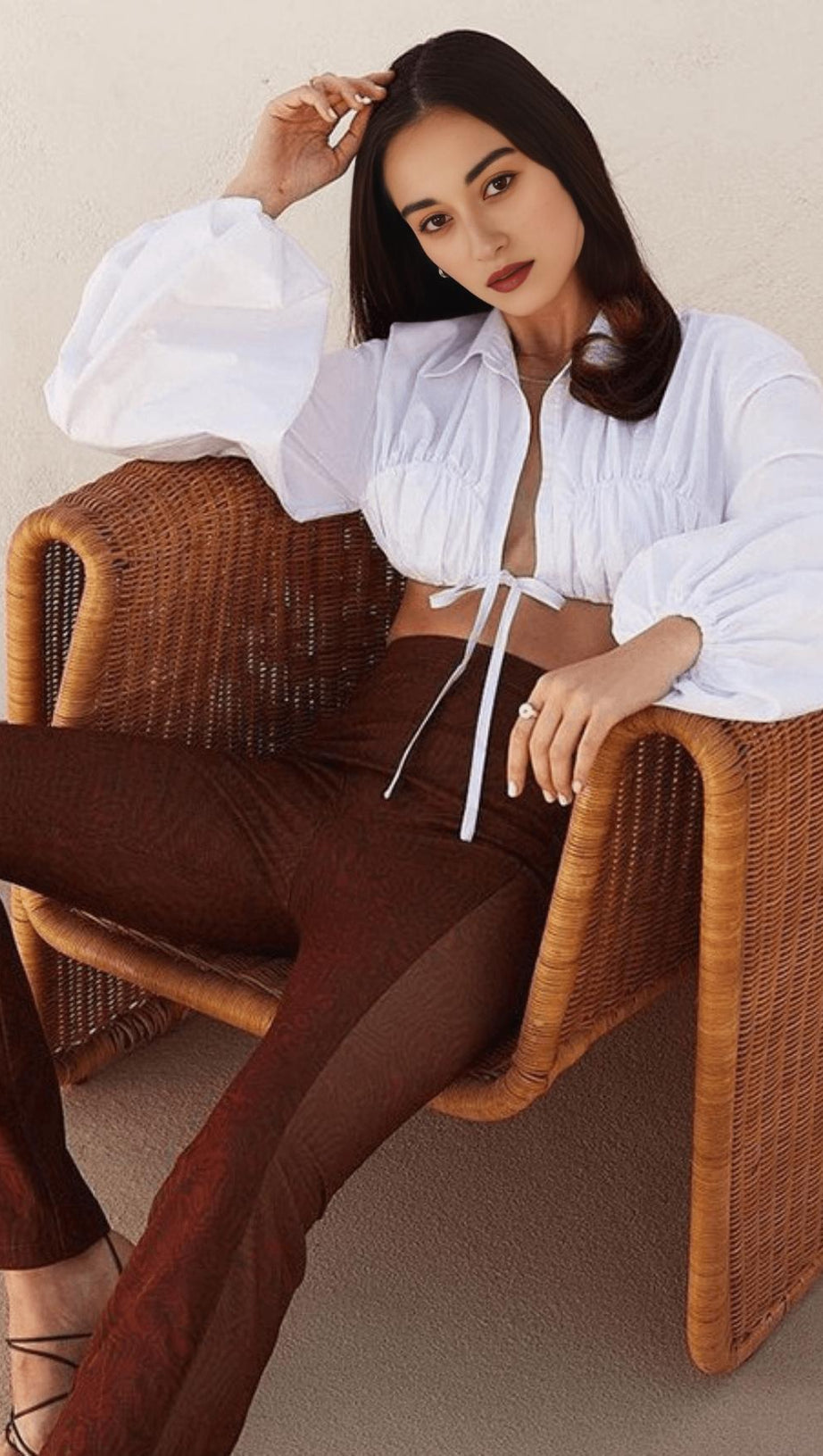 LAPEL LANTERN SLEEVE LACE SHIRT TOP