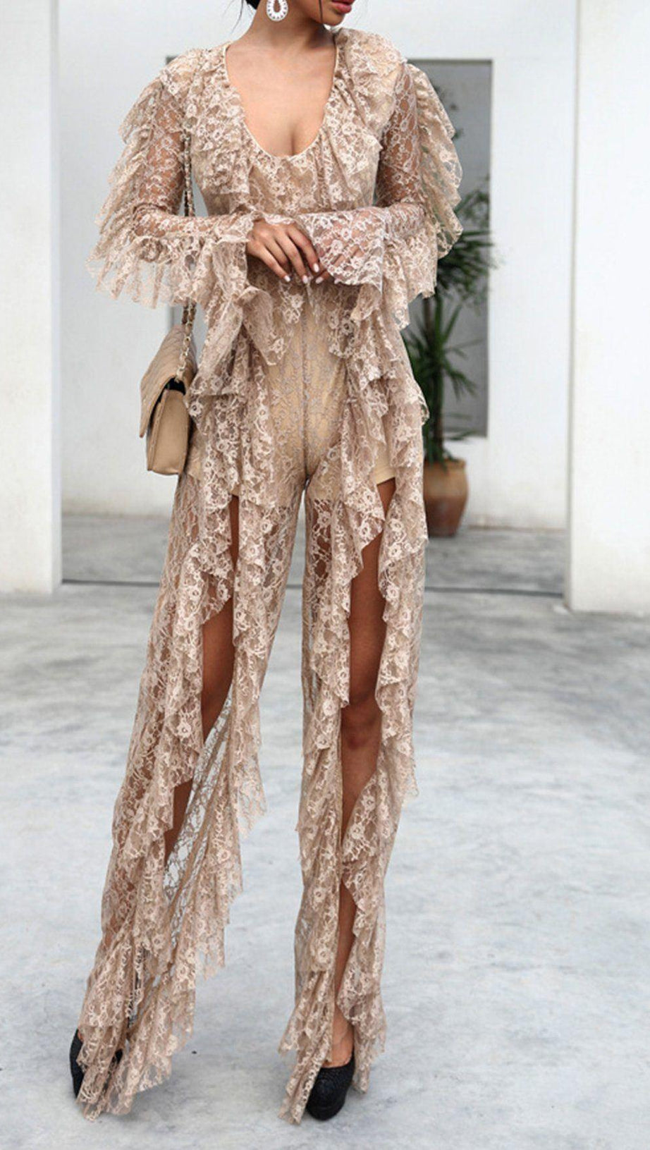 LADIES LONG SLEEVE LACE SPLIT JUMPSUIT