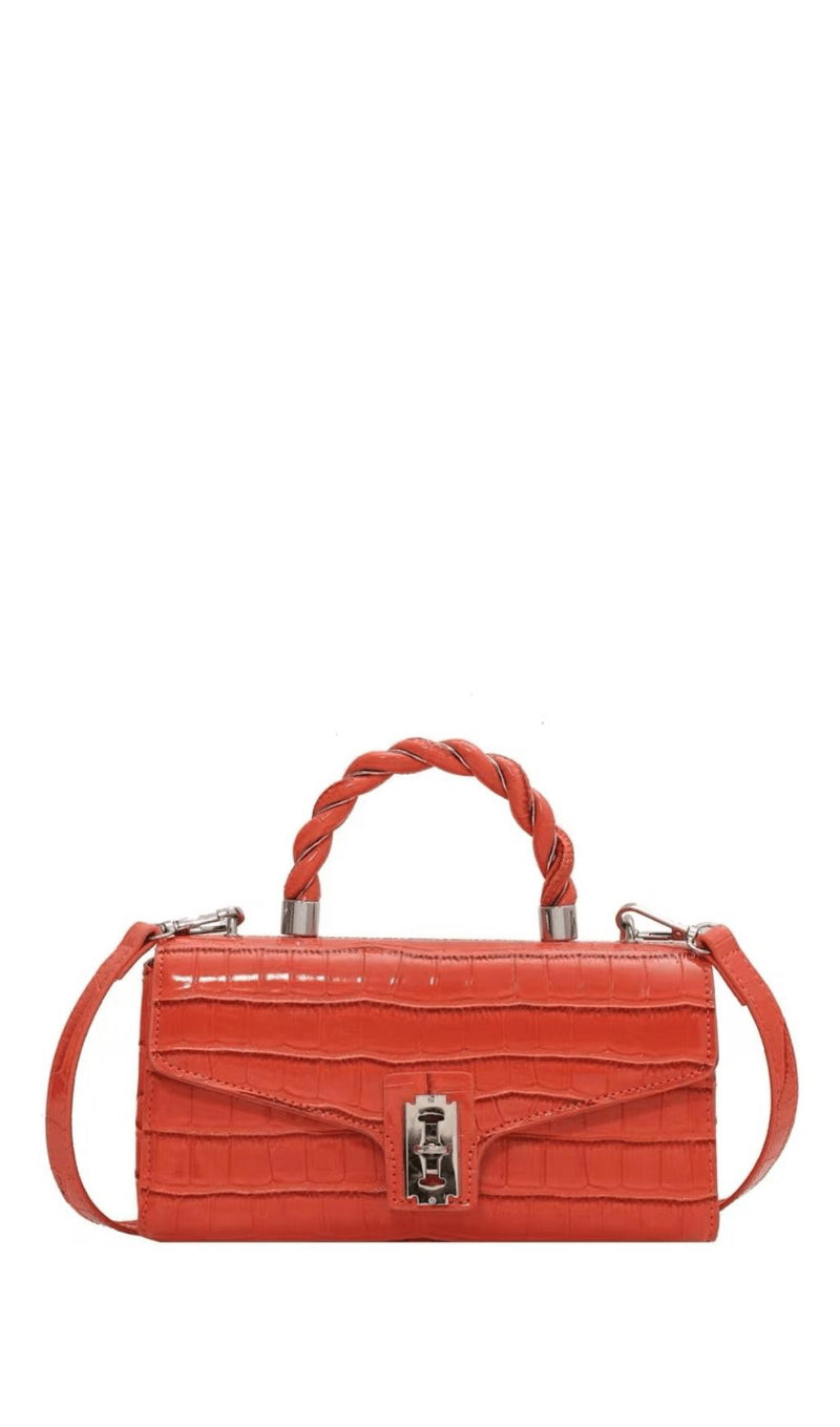 LACQUERED CROCODILE PATTERN TWIST TOTE SMALL SQUARE BAG