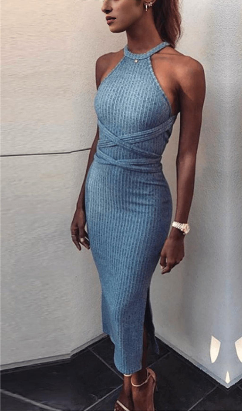 LACE UP SLEEVELESS SLIM MIDI DRESS