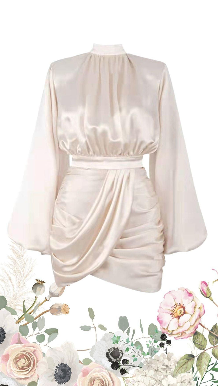 ELFENBEINFARBENES SATIN-BLOUSONKLEID