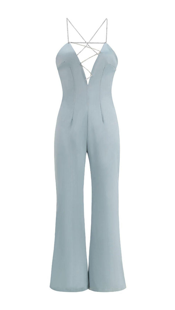 AIIZIE SATIN CRYSTAL CHAIN JUMPSUIT IN BLUE - product image
