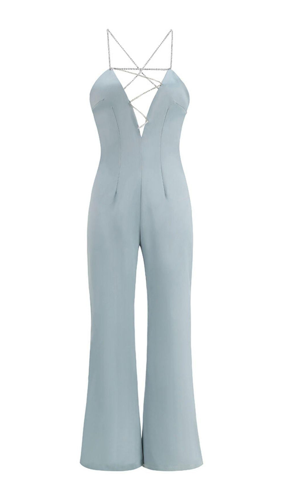 TUTA CON CATENA DI CRISTALLI IN SATIN BLU