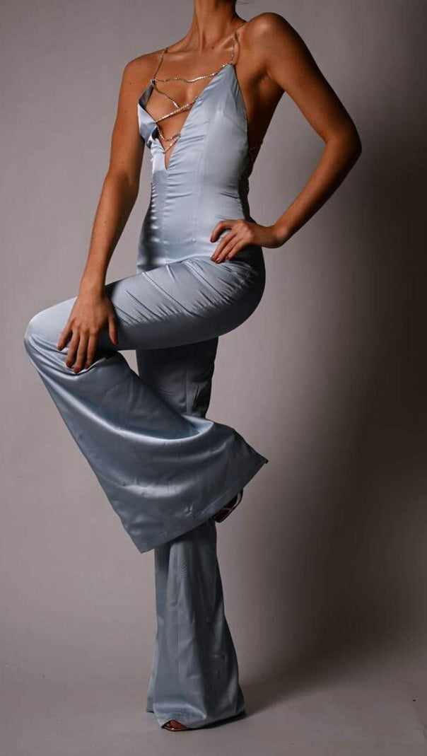 AIIZIE SATIN CRYSTAL CHAIN JUMPSUIT IN BLUE - product image