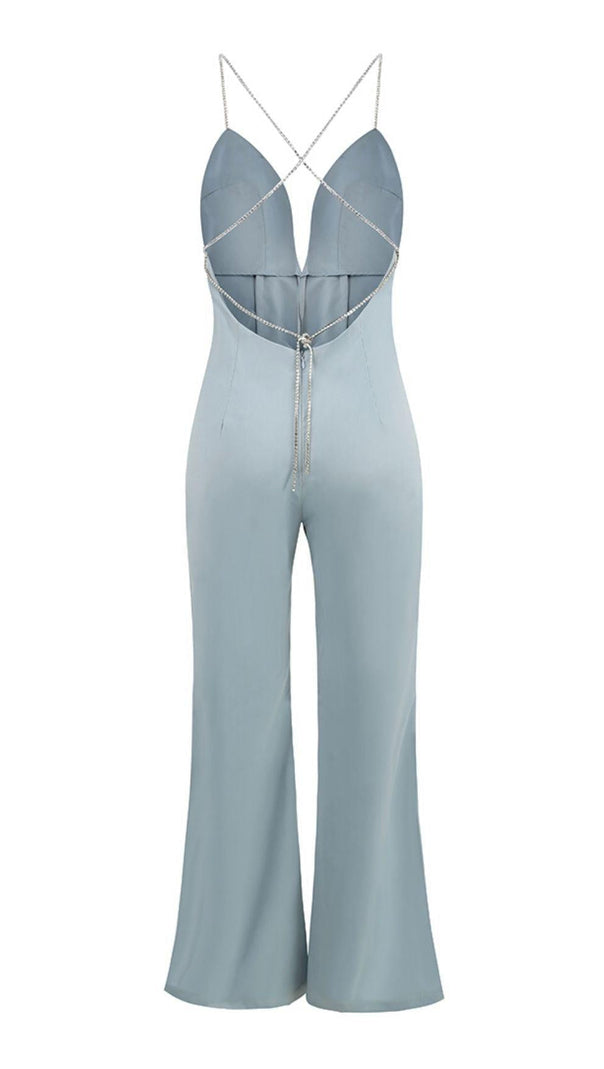 AIIZIE SATIN CRYSTAL CHAIN JUMPSUIT IN BLUE - product image