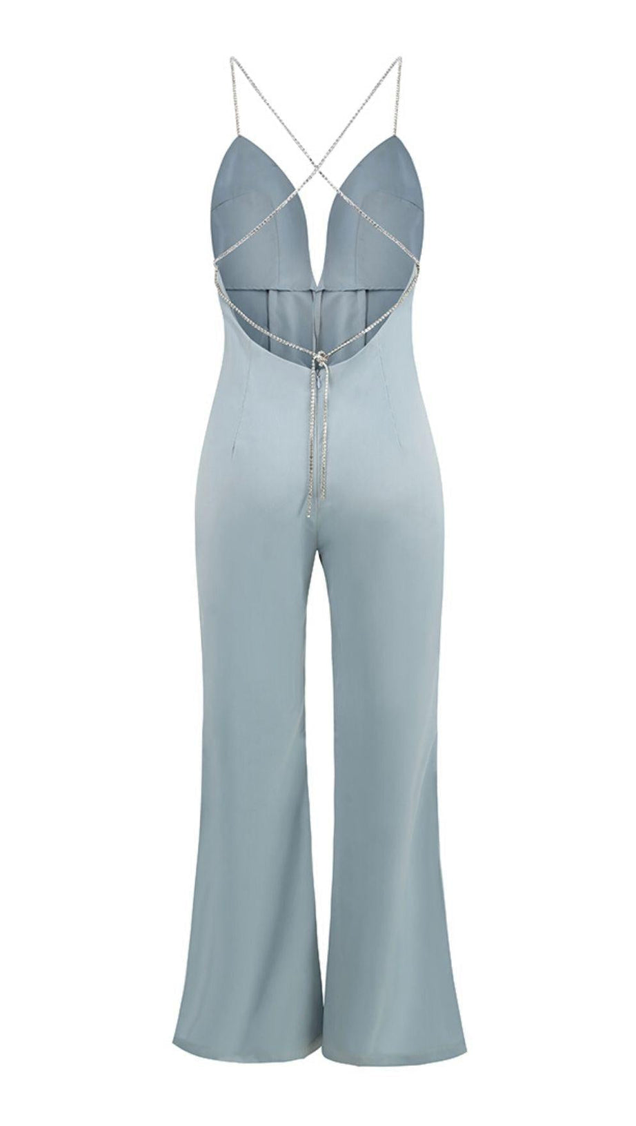 SATIN-JUMPSUIT MIT KRISTALLKETTE IN BLAU