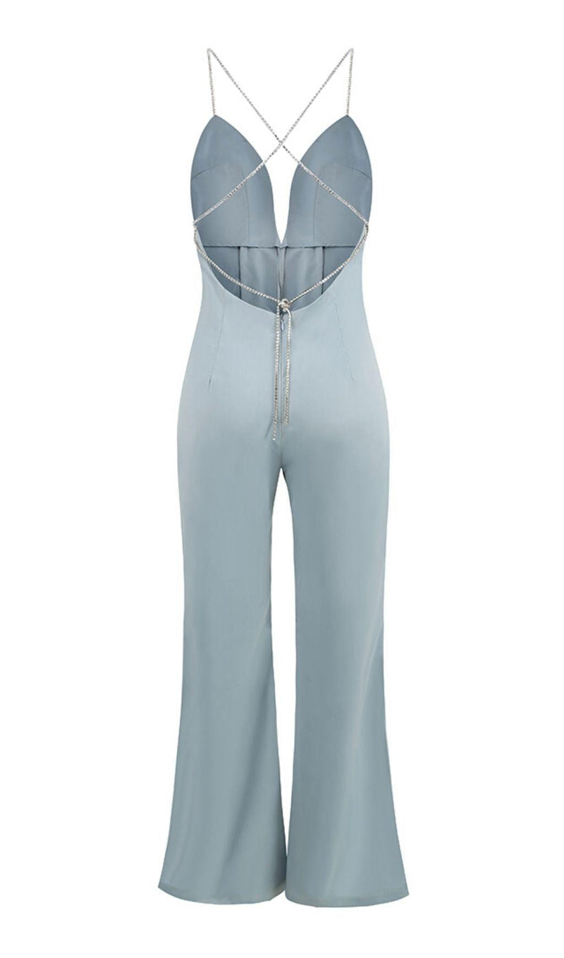 SATIN CRYSTAL CHAIN JUMPSUIT IN BLUE