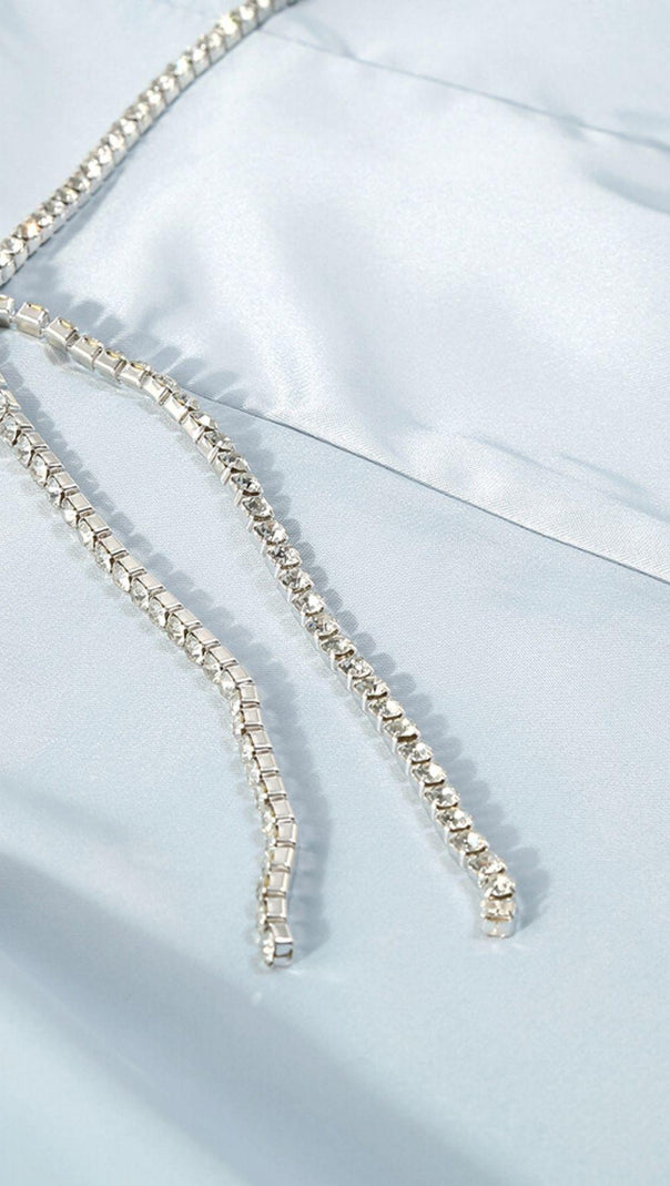 AIIZIE SATIN CRYSTAL CHAIN JUMPSUIT IN BLUE - product image
