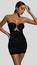 CUT-OUT RUCHED BODYCON MINI DRESS IN BLACK