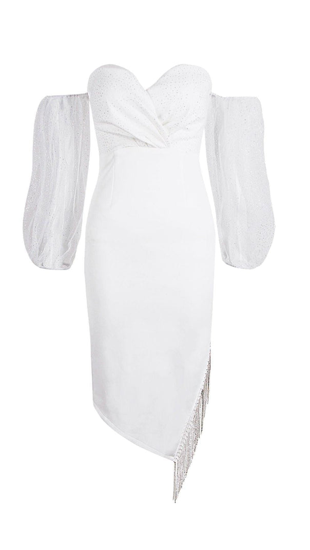 AIIZIE STRAPLESS PUFF SLEEVE CRYSTAL MIDI DRESS IN WHITE - product image