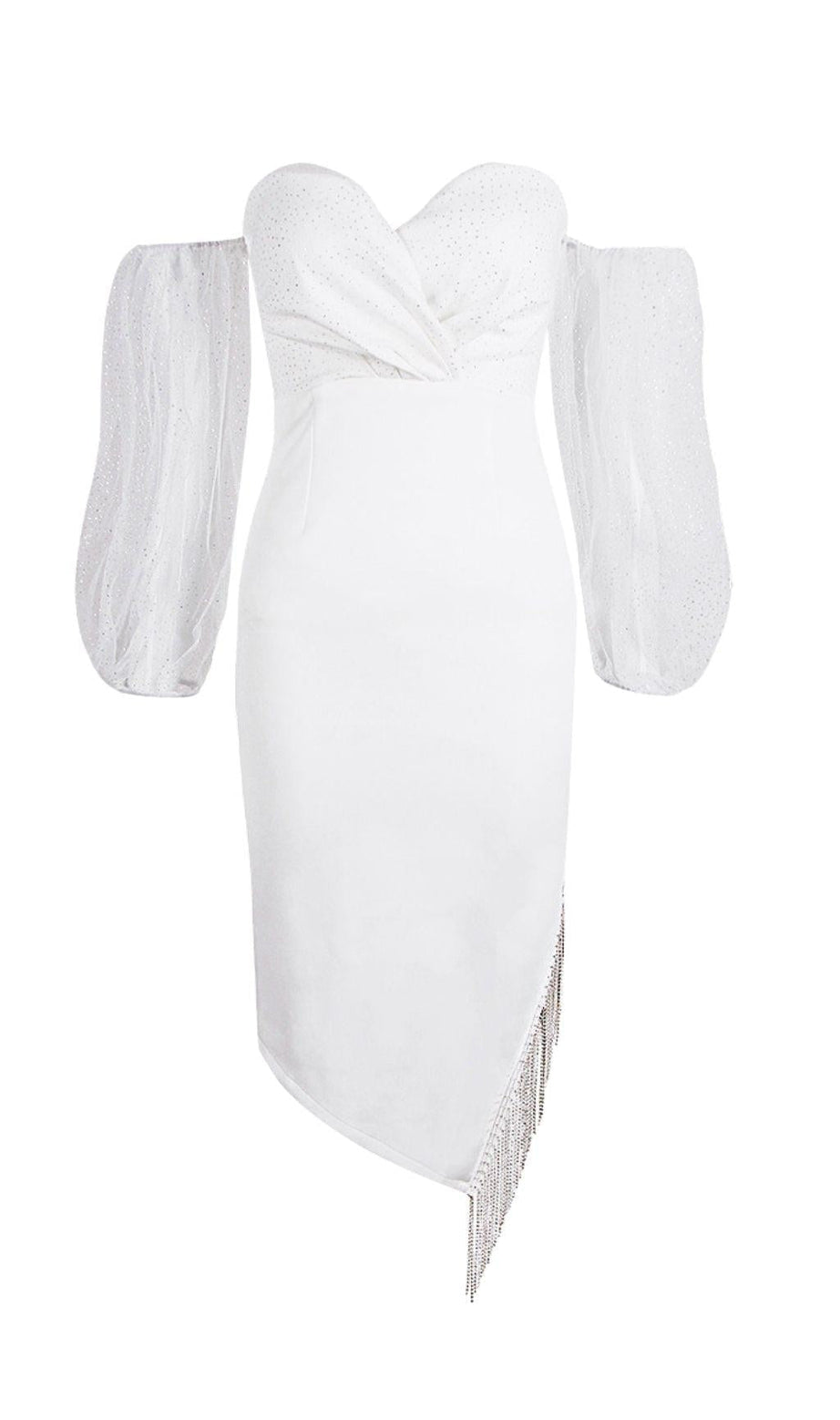 STRAPLESS PUFF SLEEVE CRYSTAL MIDI DRESS IN WHITE