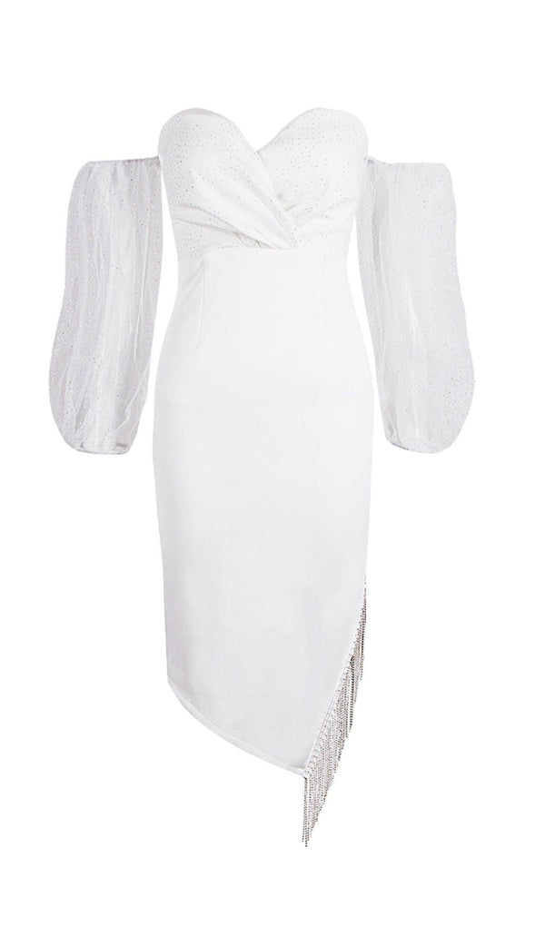 STRAPLESS PUFF SLEEVE CRYSTAL MIDI DRESS IN WHITE