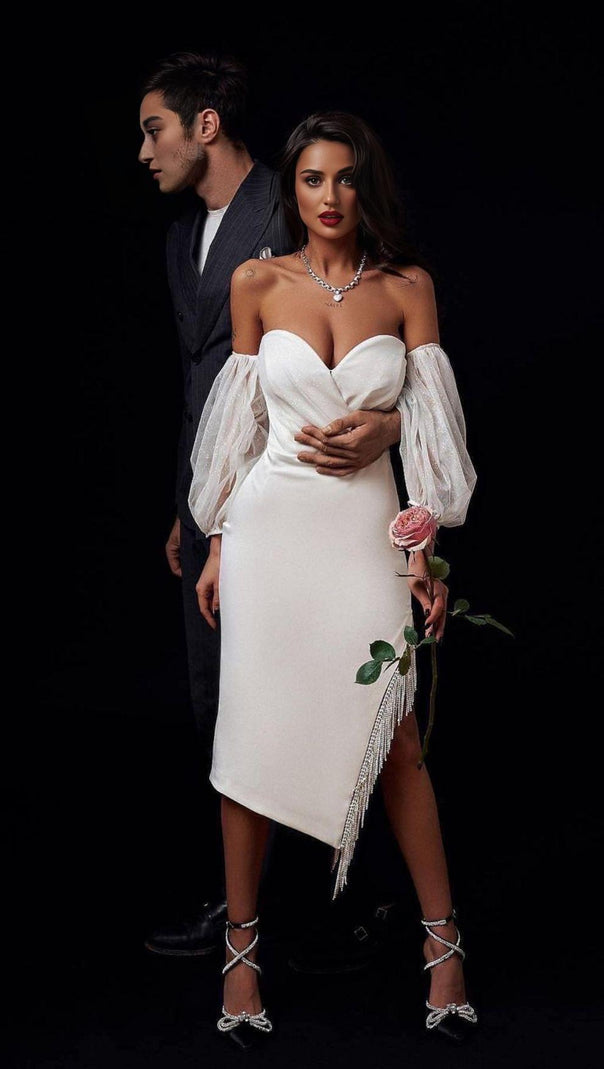 AIIZIE STRAPLESS PUFF SLEEVE CRYSTAL MIDI DRESS IN WHITE - product image
