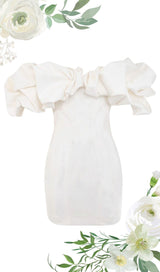 IVORY SATIN RUFFLE STRAPLESS DRESS