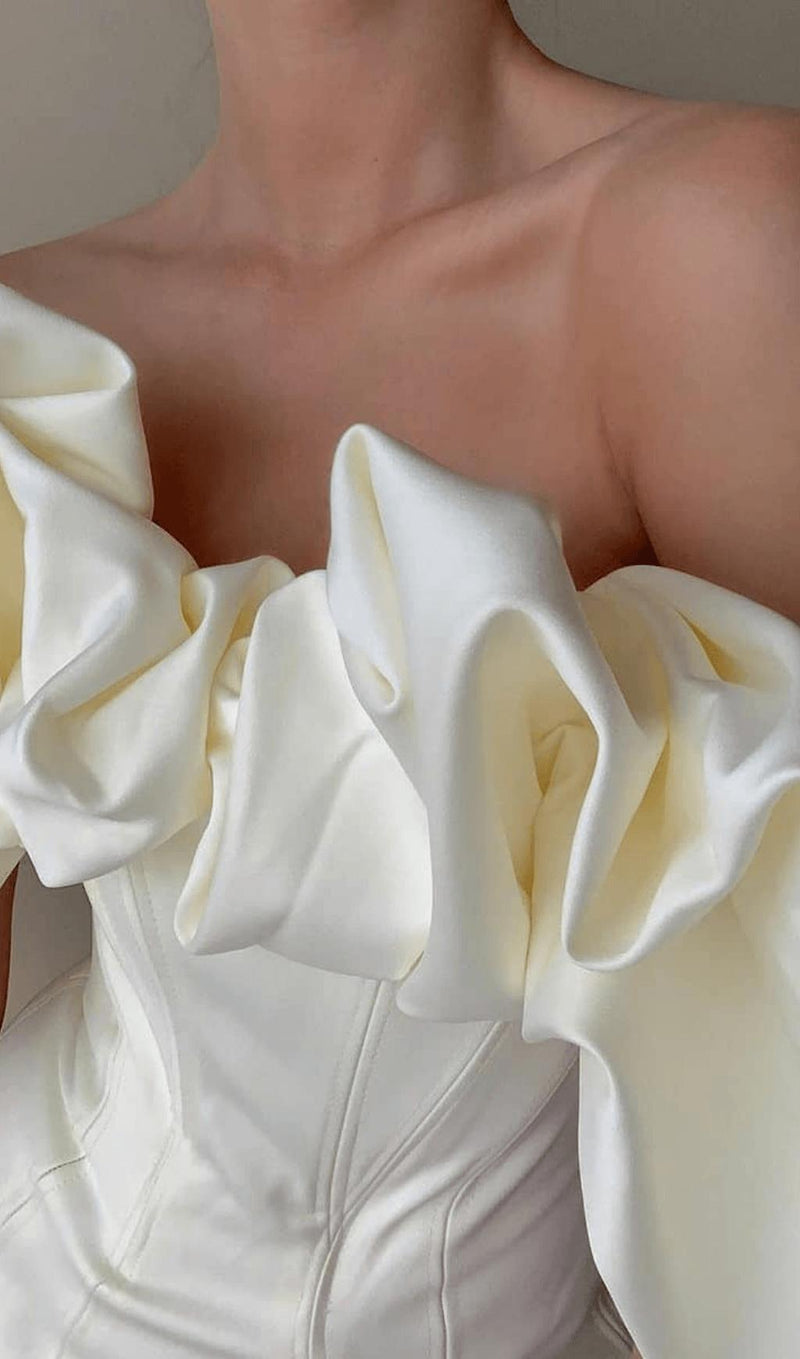 IVORY SATIN RUFFLE STRAPLESS DRESS