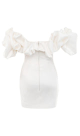 IVORY SATIN RUFFLE STRAPLESS DRESS