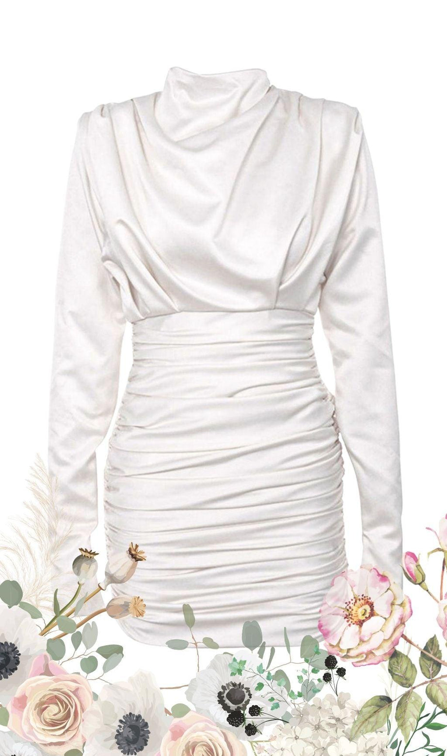 Elfenbeinfarbenes drapiertes Minikleid aus Satin