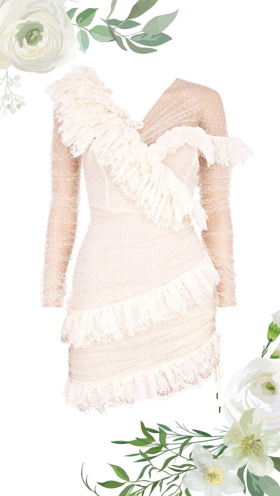 Elfenbeinfarbenes Minikleid mit Spitzenrüschen
