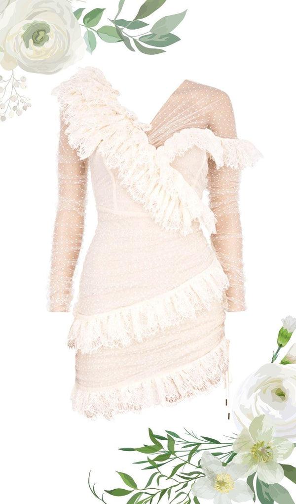 IVORY LACE FRILL MINI DRESS