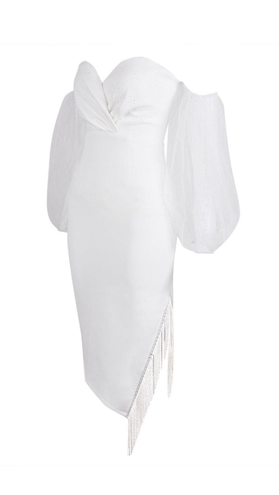 STRAPLESS PUFF SLEEVE CRYSTAL MIDI DRESS IN WHITE
