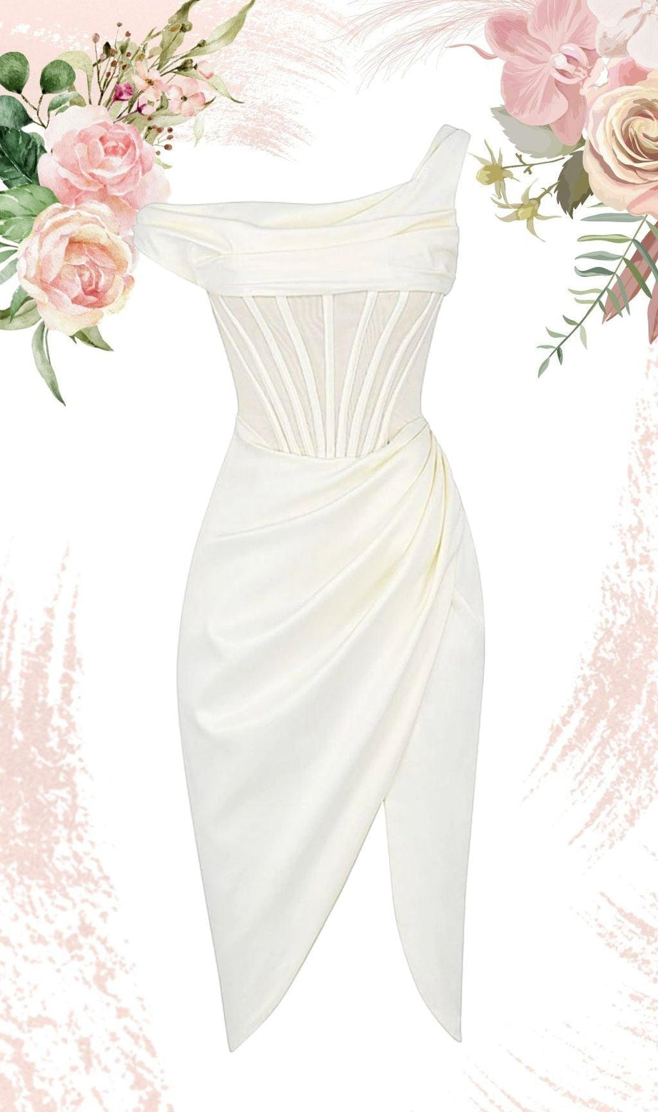 Elfenbeinfarbenes drapiertes Korsett-Midikleid